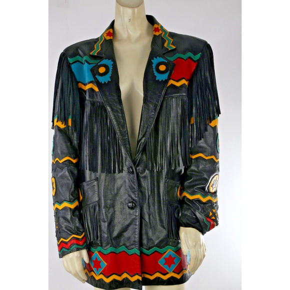 Vintage Gerunimu Leather Fringe Native American Indian Chief Blazer Jacket L - Picture 7 of 16
